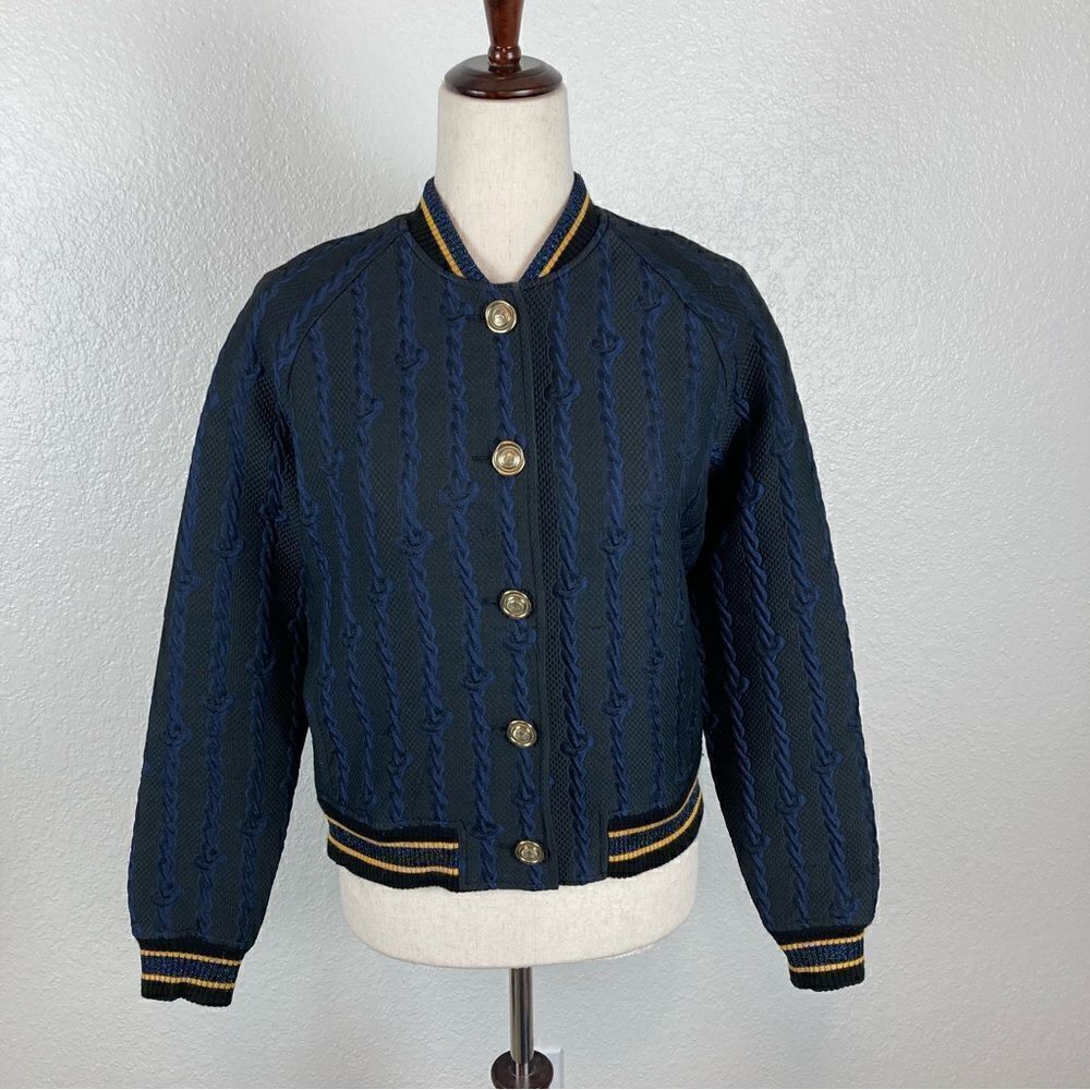 3.1 Phillip Lim Brocade cable print Varsity Bomber black & blue jacket RARE 2